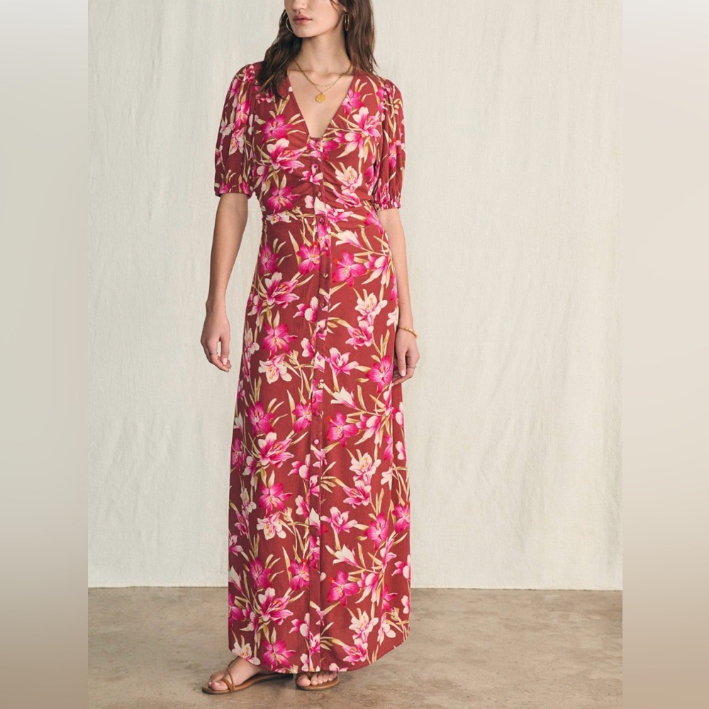 Faherty Rose-Print Wrap Maxi Dress in Burgundy and Pink